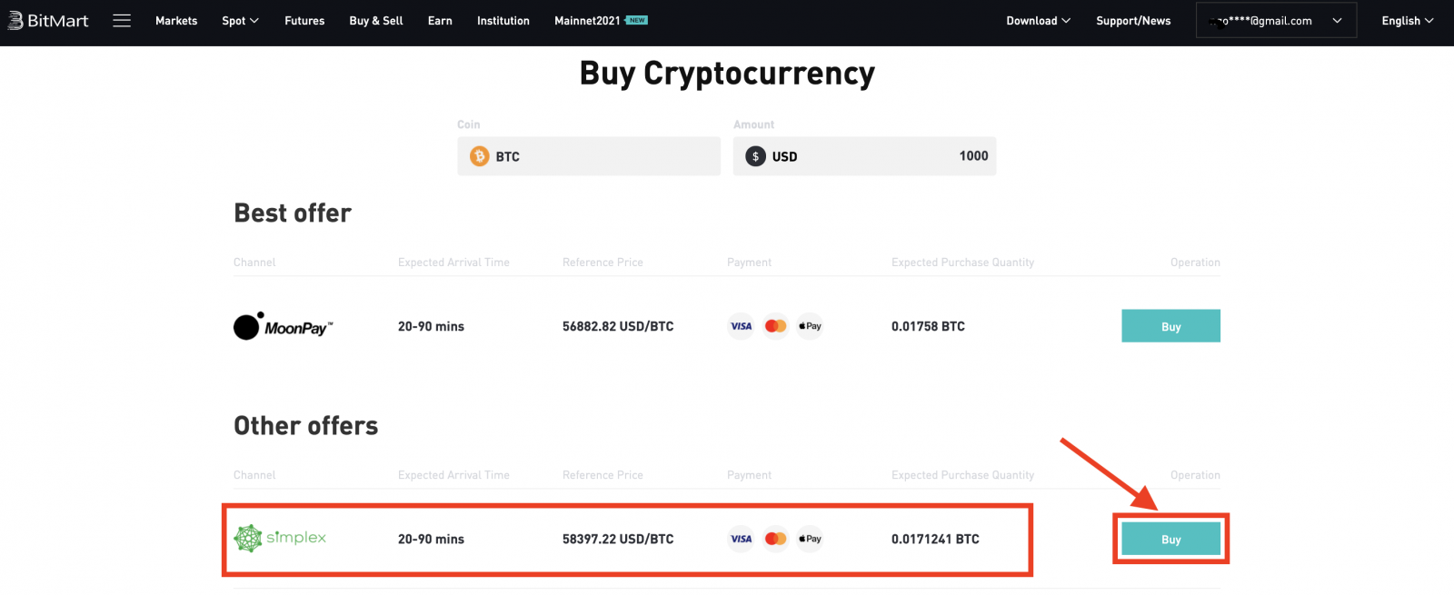 Kuidas osta BitMartis Simplexiga münte