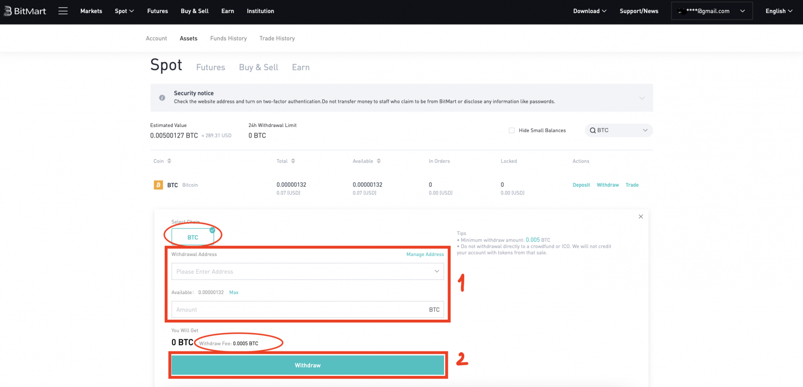 Comment retirer dans BitMart